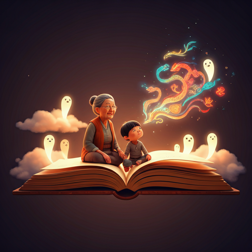 Grandmother and child on a storybook among clouds, magical tale imagery