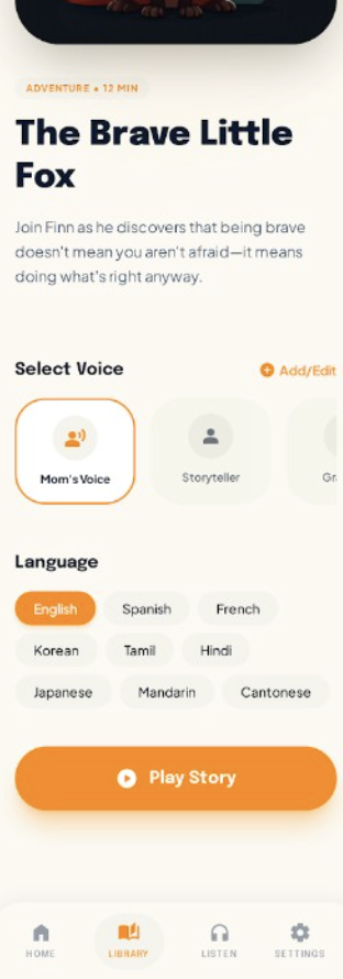 Story setup: pick voice and language before you play