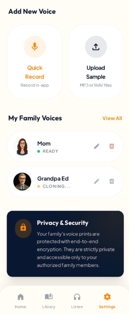 Voices: record, upload, family voices, and privacy