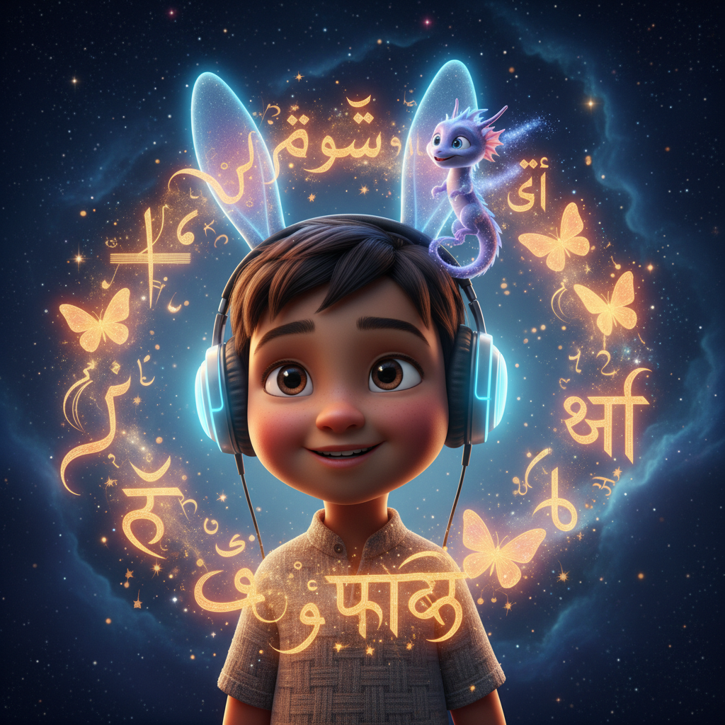 Child wearing headphones, surrounded by glowing writing from many languages