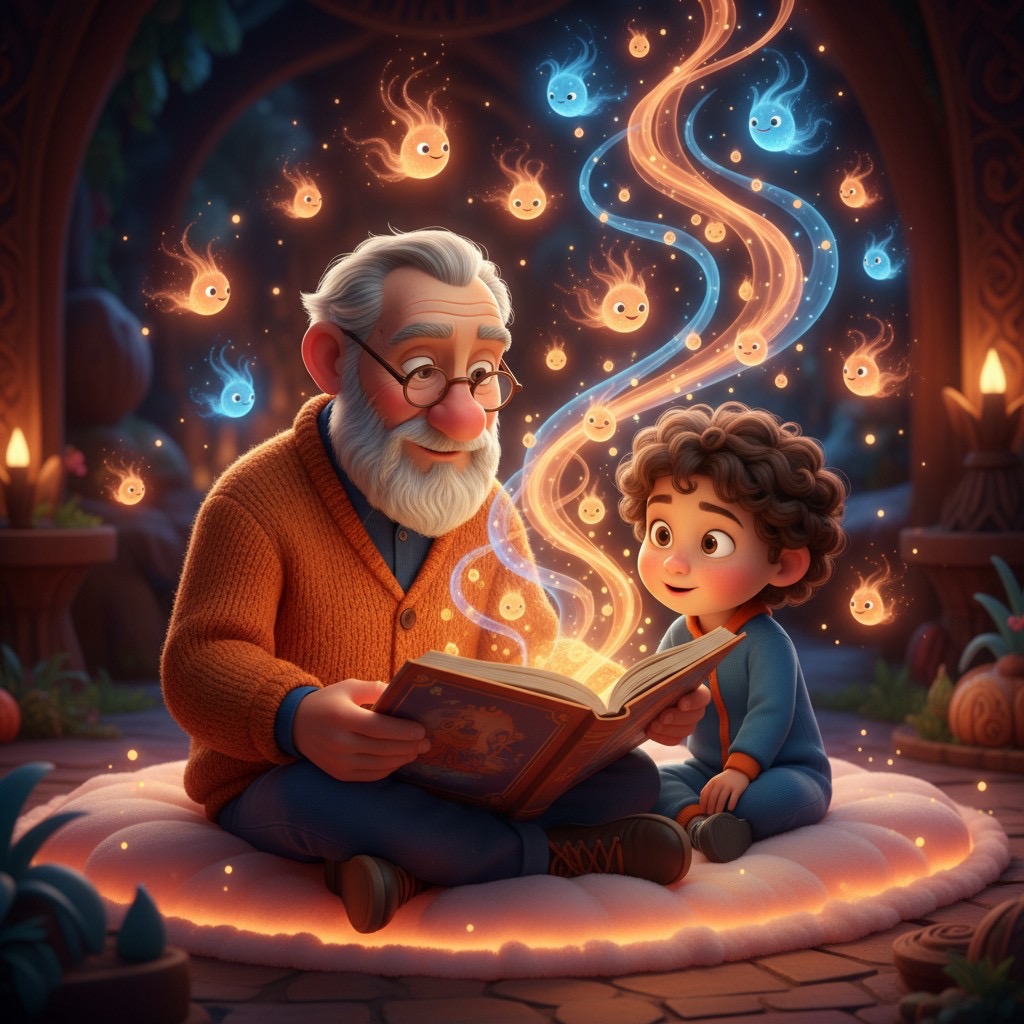 Grandfather and child sharing a glowing storybook together on a cozy rug, warm magical light